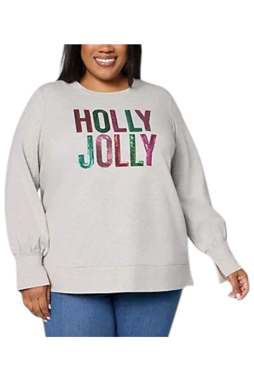 Jingle Belles by Kim Gravel Women's Sequin Holly Jolly Knit Top Grey - Plus